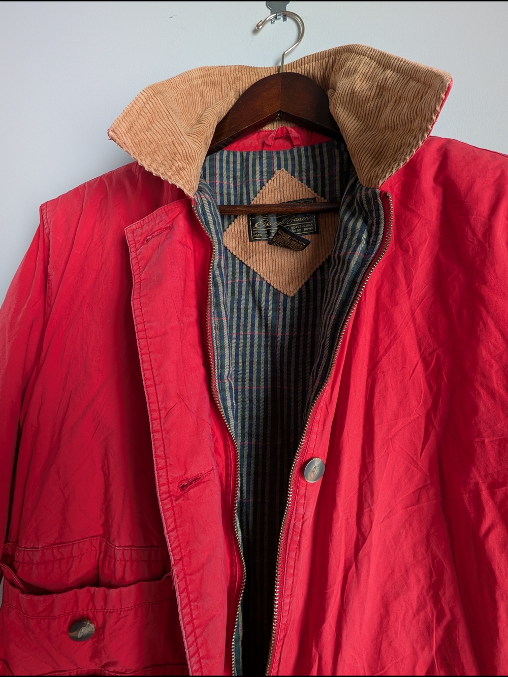Vintage Eddie Bauer Goose Down Duster Coat Women's M Red Long Suede Elbow Hooded